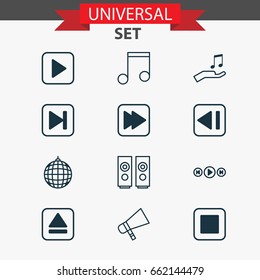 Audio Icons Set. Collection Of Audio Buttons, Note, Last Song And Other Elements. Also Includes Symbols Such As Disco, Note, Eject.