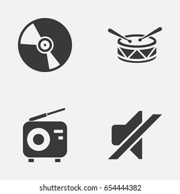 Audio Icons Set. Collection Of Cd, Barrel, Tuner And Other Elements. Also Includes Symbols Such As Drum, Vinyl, Instrument.