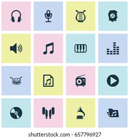 Audio Icons Set. Collection Of Cd, Meloman, Tuner And Other Elements. Also Includes Symbols Such As Lyre, Fm, Volume.