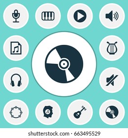 Audio Icons Set. Collection Of Cd, Sound, Silence And Other Elements. Also Includes Symbols Such As Start, Musical, Earphone.