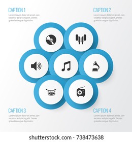 Audio Icons Set. Collection Of Cd, Phonograph, Sound And Other Elements. Also Includes Symbols Such As Barrel, Volume, Tuner.
