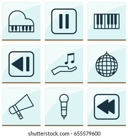 Audio Icons Set. Collection Of Dance Club, Rewind Back, Microphone And Other Elements. Also Includes Symbols Such As Sell, Back, Button.