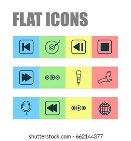 Audio Icons Set. Collection Of Dance Club, Mike, Gramophone And Other Elements. Also Includes Symbols Such As Ball, Media, Gramophone.