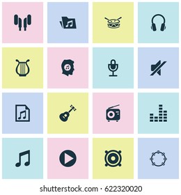 Audio Icons Set. Collection Of Dossier, Earmuff, Start And Other Elements. Also Includes Symbols Such As Drum, Percussion, Guitar.