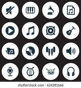 Audio Icons Set. Collection Of Dossier, File, Cd And Other Elements. Also Includes Symbols Such As Button, Instrument, Drum.