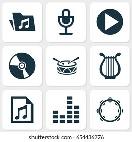 Audio Icons Set. Collection Of Dossier, Timbrel, Barrel And Other Elements. Also Includes Symbols Such As Button, Percussion, File.