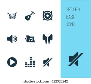 Audio Icons Set. Collection Of Earmuff, Sound, Silence And Other Elements. Also Includes Symbols Such As Button, Folder, Mute.