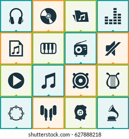 Audio Icons Set. Collection Of Earmuff, Timbrel, Lyre And Other Elements. Also Includes Symbols Such As Mixer, Earmuff, Lyre.