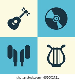 Audio Icons Set. Collection Of Earmuff, Cd, Lyre And Other Elements. Also Includes Symbols Such As Headset, Cd, Turntable.