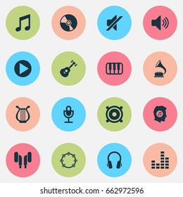 Audio Icons Set. Collection Of Earmuff, Phonograph, Silence And Other Elements. Also Includes Symbols Such As Megaphone, Equalizer, Harp.