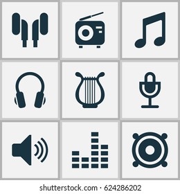 Audio Icons Set. Collection Of Earphone, Sound, Music And Other Elements. Also Includes Symbols Such As Fm, Megaphone, Sound.
