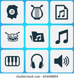 Audio Icons Set. Collection Of Earphone, Lyre, Sound And Other Elements. Also Includes Symbols Such As Drum, Octave, Playlist.