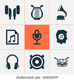 Audio Icons Set. Collection Of Earphone, File, Earmuff And Other Elements. Also Includes Symbols Such As Loudspeaker, Megaphone, Drum.