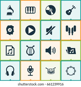 Audio Icons Set. Collection Of Earphone, Silence, Dossier And Other Elements. Also Includes Symbols Such As Dossier, Mike, Piano.