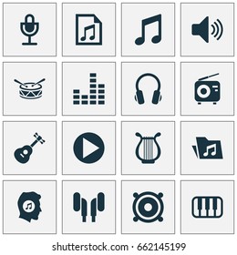 Audio Icons Set. Collection Of Earphone, Mike, Dossier And Other Elements. Also Includes Symbols Such As Start, Microphone, Instrument.