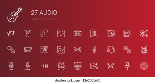audio icons set. Collection of audio with ears, turntable, video player, gramophone, mute, microphone, headphones, fast forward, levels, home cinema. Editable and scalable audio icons.