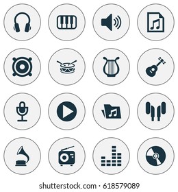 Audio Icons Set. Collection Of Equalizer, Earmuff, Mike And Other Elements. Also Includes Symbols Such As Mixer, Headphone, Folder.