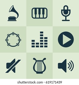 Audio Icons Set. Collection Of Equalizer, Sound, Start And Other Elements. Also Includes Symbols Such As Start, Mic, Button.