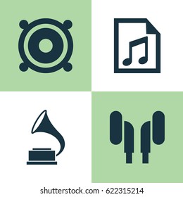 Audio Icons Set. Collection Of File, Megaphone, Phonograph And Other Elements. Also Includes Symbols Such As Antique, Earmuff, Playlist.