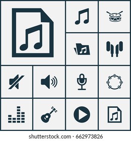 Audio Icons Set. Collection Of File, Equalizer, Timbrel And Other Elements. Also Includes Symbols Such As Controlling, File, Timbrel.