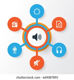 Audio Icons Set. Collection Of File, Mike, Earphone And Other Elements. Also Includes Symbols Such As Fm, Headphone, Volume.