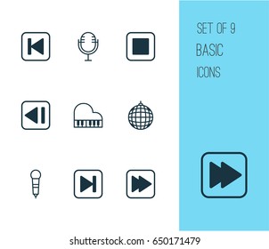 Audio Icons Set. Collection Of Following Song, Skip Song, Mike And Other Elements. Also Includes Symbols Such As Octave, Next, Disco.