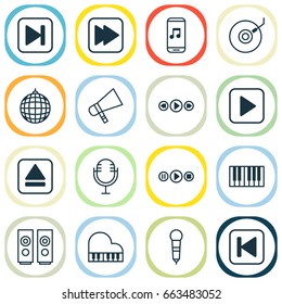 Audio Icons Set. Collection Of Following Song, Run Song Back, Microphone And Other Elements. Also Includes Symbols Such As Party, Mobile, Octave.