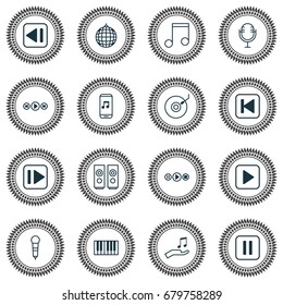 Audio Icons Set. Collection Of Gramophone, Note Donate, Following Music And Other Elements. Also Includes Symbols Such As Synthesizer, Disco, Sound.