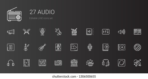 audio icons set. Collection of audio with headphones, trumpet, night club, voice recorder, levels, video player, audiobook, microphone, fast forward. Editable and scalable audio icons.