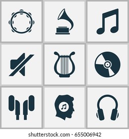 Audio Icons Set. Collection Of Lyre, Cd, Timbrel And Other Elements. Also Includes Symbols Such As Earmuff, Percussion, Timbrel.