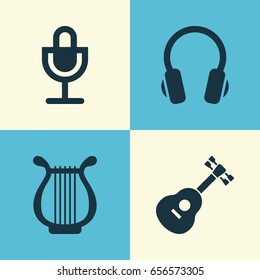 Audio Icons Set. Collection Of Lyre, Mike, Instrument And Other Elements. Also Includes Symbols Such As Guitar, Instrument, Mic.