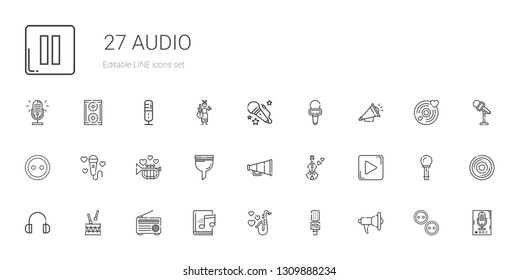 audio icons set. Collection of audio with megaphone, microphone, saxophone, audiobook, radio, drum, headphones, play button, violin, speaker. Editable and scalable audio icons.