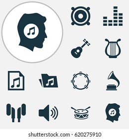 Audio Icons Set. Collection Of Megaphone, Sound, Meloman And Other Elements. Also Includes Symbols Such As Speaker, Headphone, Instrument.