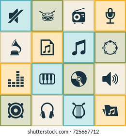Audio Icons Set. Collection Of Megaphone, Timbrel, File And Other Elements. Also Includes Symbols Such As Folder, Turntable, Phonograph.