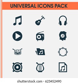 Audio Icons Set. Collection Of Meloman, Timbrel, Music And Other Elements. Also Includes Symbols Such As Note, Tambourine, Folder.