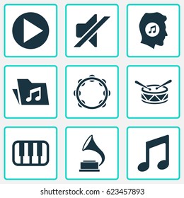 Audio Icons Set. Collection Of Meloman, Barrel, Start And Other Elements. Also Includes Symbols Such As Mute, Note, Antique.