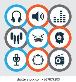 Audio Icons Set. Collection Of Meloman, Mike, Tuner And Other Elements. Also Includes Symbols Such As Sound, Timbrel, Earphone.