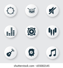 Audio Icons Set. Collection Of Meloman, Silence, Barrel And Other Elements. Also Includes Symbols Such As Drum, Volume, Headset.