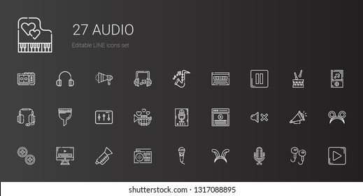 audio icons set. Collection of audio with microphone, ears, radio, trumpet, video player, buttons, mute, video, recorder, levels, filter, headphones. Editable and scalable audio icons.