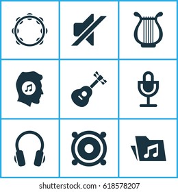 Audio Icons Set. Collection Of Mike, Silence, Lyre And Other Elements. Also Includes Symbols Such As Guitar, Music, Headphone.
