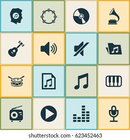 Audio Icons Set. Collection Of Mike, Tuner, Start And Other Elements. Also Includes Symbols Such As File, Start, Meloman.