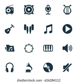 Audio Icons Set. Collection Of Mike, Tuner, Instrument And Other Elements. Also Includes Symbols Such As Sound, Phonograph, Instrument.