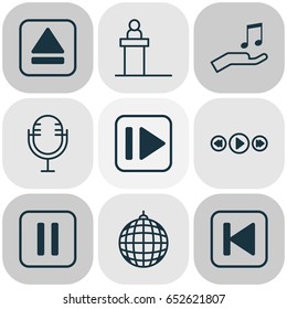 Audio Icons Set. Collection Of Mike, Music Control, Following Music And Other Elements. Also Includes Symbols Such As Pause, Microphone, Forward.