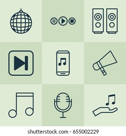 Audio Icons Set. Collection Of Mike, Note, Sound Box And Other Elements. Also Includes Symbols Such As App, Speakers, Fast.