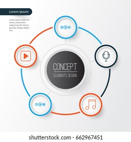 Audio Icons Set. Collection Of Mike, Start Song, Audio Buttons And Other Elements. Also Includes Symbols Such As Music, Note, Media.