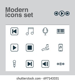 Audio Icons Set. Collection Of Mike, Microphone, Piano And Other Elements. Also Includes Symbols Such As Button, Forward, Donate.