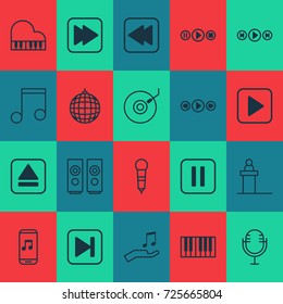 Audio Icons Set. Collection Of Mike, Start Song, Audio Buttons And Other Elements. Also Includes Symbols Such As Pause, Rewind, Microphone.