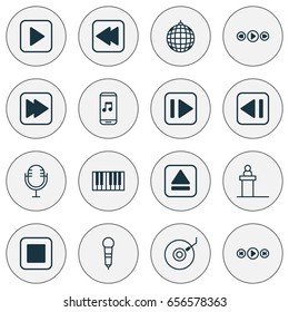 Audio Icons Set. Collection Of Audio Mobile, Music Control, Microphone And Other Elements. Also Includes Symbols Such As Stop, Tribune, Disco.