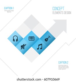 Audio Icons Set. Collection Of Music, Octave, Instrument And Other Elements. Also Includes Symbols Such As Music, Mute, Volume.