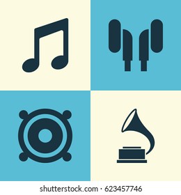 Audio Icons Set. Collection Of Music, Phonograph, Earmuff And Other Elements. Also Includes Symbols Such As Megaphone, Music, Earmuff.
